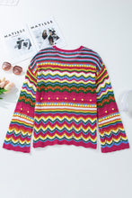 Cargar imagen en el visor de la galería, Rose Red Colorblock Striped Hollowed Knit Loose Sleeve Sweater
