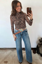 Load image into Gallery viewer, Khaki Leopard High Neck Long Sleeve Western Slim Top
