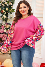 Cargar imagen en el visor de la galería, Bright Pink Floral Patchwork Flounce Sleeve Rib Knit Plus Top
