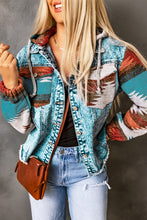 Cargar imagen en el visor de la galería, Multicolor Aztec Print Frayed Hem Denim Jacket
