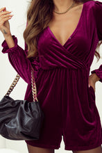 Load image into Gallery viewer, Red Dahlia Velvet Surplice Neck Ruffled Sleeve High Waist Romper
