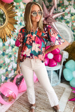 Cargar imagen en el visor de la galería, Hot Pink Floral Print Puff Sleeve Notched V Neck Blouse
