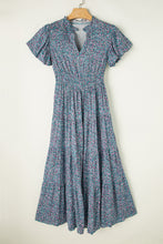 Cargar imagen en el visor de la galería, Blue Printed V Neck Shirred Short Puff Sleeve Maxi Dress
