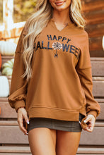 Cargar imagen en el visor de la galería, Chestnut Sequin Happy Halloween Graphic Notched Neck Long Sleeve Loose Top
