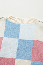 Load image into Gallery viewer, Light Blue Checkered Drop Shoulder Exposed Seam Open Front Cardigan
