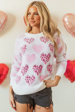 Cargar imagen en el visor de la galería, Pink Heart Leopard Print Pearled Ribbed Trim Fuzzy Sweater
