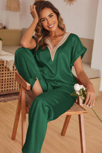 Load image into Gallery viewer, Dark Green Guipure Trim V Neck Satin Two-piece Set
