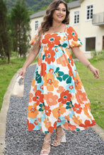 Cargar imagen en el visor de la galería, Orange Plus Size Flower Print Shirred Square Neck Maxi Dress
