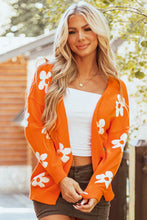 Cargar imagen en el visor de la galería, Orange Floral Print Knitted Open Front Loose Cardigan
