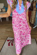 Load image into Gallery viewer, Pink Floral Print Color Block Patchwork V Neck Short Sleeve Midi Dress
