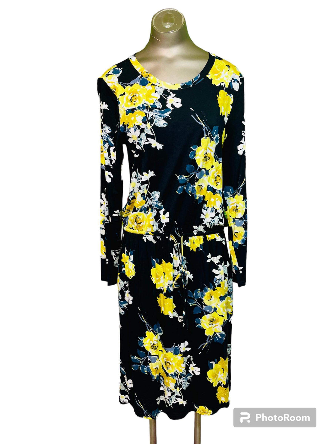 Brand New $20 Women's Black And Yellow Floral Dress Large Great Stretch With Waist