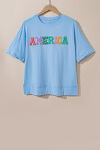 Cargar imagen en el visor de la galería, Mist Blue Sparkle America Pastel Embroidered Graphic T-shirt
