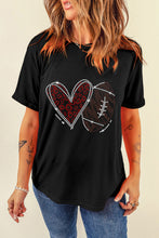 Cargar imagen en el visor de la galería, Black Rhinestone Rugby Football Heart Shape Graphic T Shirt
