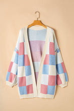 Load image into Gallery viewer, Light Blue Checkered Drop Shoulder Exposed Seam Open Front Cardigan
