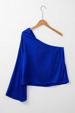 Load image into Gallery viewer, Dark Blue Asymmetric One Shoulder Bell Sleeve Satin Blouse
