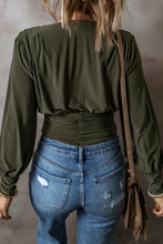 Cargar imagen en el visor de la galería, Moss Green Ruched Wrap V Neck Long Sleeve Bodysuit
