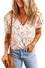 Cargar imagen en el visor de la galería, Beige Boho Floral Lace Trim Short Sleeve Blouse
