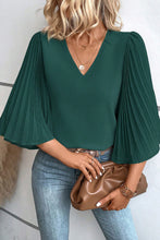 Load image into Gallery viewer, Blackish Green 3/4 Pleated Bell Sleeve V Neck Blouse
