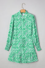 Load image into Gallery viewer, Green Paisley Print Long Sleeve Button Front Tied Waist Mini Dress
