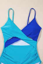 Load image into Gallery viewer, Light Blue Crossover Colorblock Cutout One Piece Swimsuit
