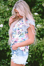 Cargar imagen en el visor de la galería, Light Blue Floral Print Striped Ruffled Sleeve Blouse
