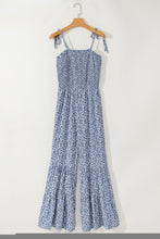 Load image into Gallery viewer, Dusk Blue Thin Straps Smocked Bodice Wide Leg Floral Jumpsuit
