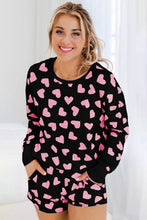 Cargar imagen en el visor de la galería, Black Valentine&#39;s Heart Shape Print Long Sleeve Top Shorts Lounge Set
