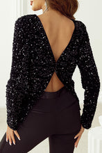 Cargar imagen en el visor de la galería, Black Sequin Long Sleeve Cutout Back Top
