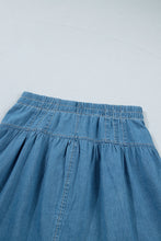 Cargar imagen en el visor de la galería, Sky Blue Half Buttons Pleated High Waist Denim Mini Skirt with Drawstring
