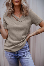 Load image into Gallery viewer, Pale Khaki Ribbed Buttoned Strappy V Neck Tee
