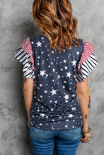 Load image into Gallery viewer, Gray Striped Ruffled Sleeve Star Print T Shirt
