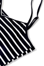 Cargar imagen en el visor de la galería, Black Stripe Asymmetric Shoulder Tee Slit Pencil Dress Set
