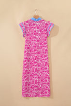 Load image into Gallery viewer, Pink Floral Print Color Block Patchwork V Neck Short Sleeve Midi Dress
