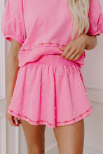Load image into Gallery viewer, Pink Contrast Bow Trim Pearl Puff Sleeve Blouse and Skort 2pcs Set
