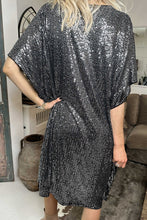 Load image into Gallery viewer, Dark Grey Sequin V Neck Dolman Sleeve Shift Dress
