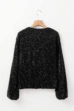 Cargar imagen en el visor de la galería, Black Sequin Zip up Round Neck Long Sleeve Jacket
