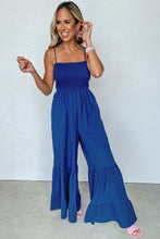 Load image into Gallery viewer, Navy Blue Spaghetti Straps Smocked Ruffled Wide Leg Jumpsuit
