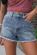 Load image into Gallery viewer, Dusk Blue Pearl Beaded Raw Hem Medium Wash Denim Shorts
