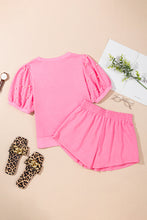 Load image into Gallery viewer, Pink Contrast Bow Trim Pearl Puff Sleeve Blouse and Skort 2pcs Set
