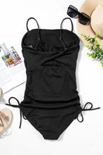 Load image into Gallery viewer, Black Ribbed Drawstring Sides Cutout One Piece Swimsuit
