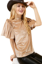 Load image into Gallery viewer, Light French Beige Frilly Puff Sleeve Mock Neck Blouse
