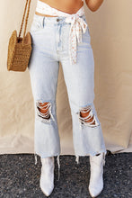 Cargar imagen en el visor de la galería, Light Blue High Rise Ripped Frayed Hem Straight Jeans
