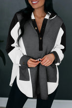 Load image into Gallery viewer, Black Color Block Exposed Seam Buttoned Neckline Hoodie
