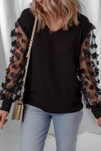 Load image into Gallery viewer, Black Flower Applique Mesh Long Sleeve V Neck Blouse
