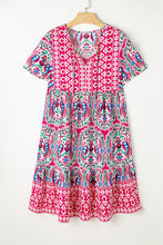 Cargar imagen en el visor de la galería, Pink Bohemian Print Tie Neck Ruffle Hem Short Dress
