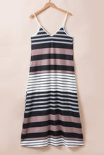 Cargar imagen en el visor de la galería, Multicolour Mixed Stripes Spaghetti Straps V Neck Maxi Dress
