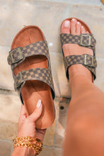 Load image into Gallery viewer, Coffee Geometric Print Cut Out Buckle PU Leather Flat Slippers
