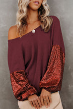 Load image into Gallery viewer, Burgundy Sequin Patchwork Sleeve Open Back Waffle Knit Top
