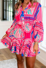 Cargar imagen en el visor de la galería, Rose Boho Abstract Printed Puff Sleeve Drawstring Waist Ruffled Mini Dress
