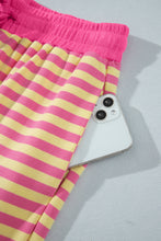 Cargar imagen en el visor de la galería, Pink Stripe Colorblock Trim Crew Neck Loose Tee Drawstring Elastic Waist 2pcs Pant Set
